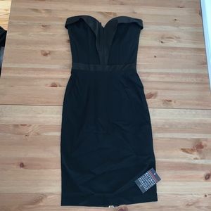 Hybrid black satin strapless bodycon dress